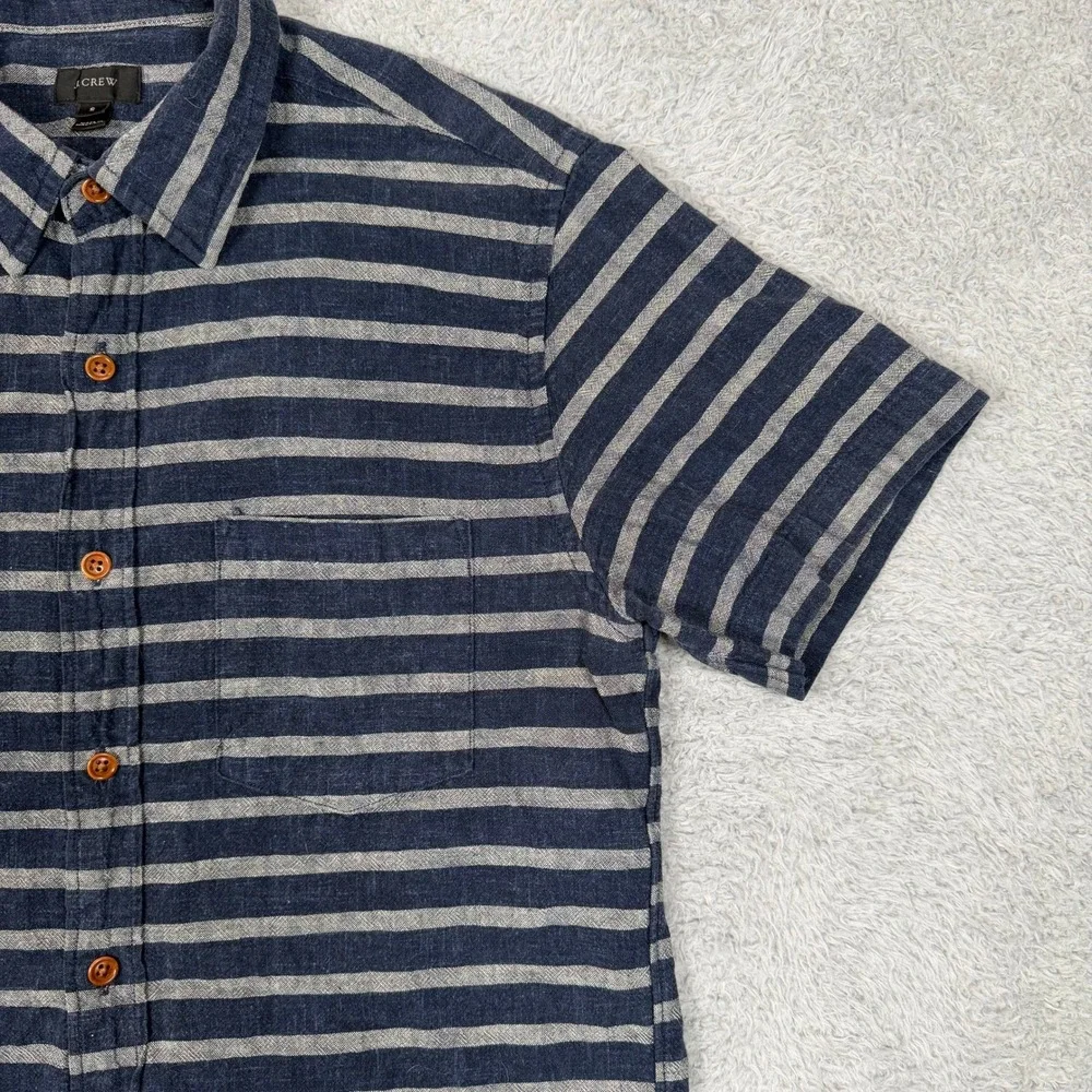 J.‎ Crew Mens Short Sleeve Striped Button Down Shirt Navy Blue Grey Small Summer